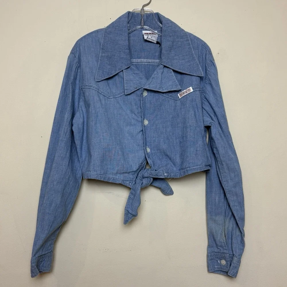 Vintage Guess Girls Button Up Cropped Tie Shirt Medium 90s Denim Chambray